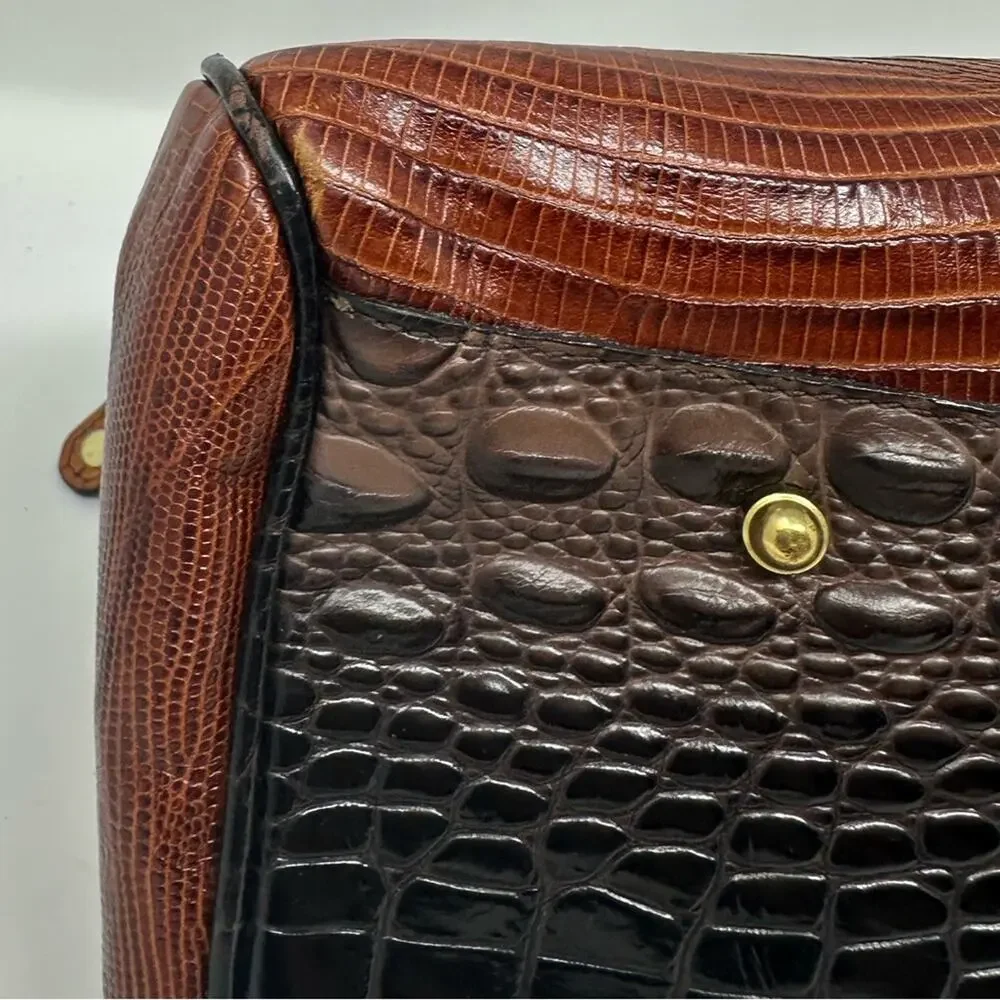 Brahmin Lisa Satchel Bag Cognac Tri-Texture Croc Lizard Brown Gold Tone